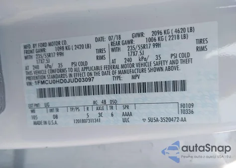 2018 Ford Escape Sel z USA, uszkodzony, nr VIN 1FMCU0HD0JUD03097